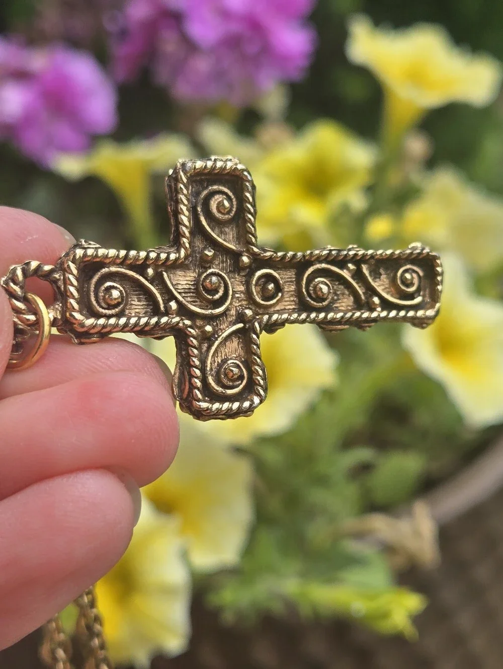 Vintage Green Jade Stone Gold Tone Rope Trim Cross Pendant With Necklace‎